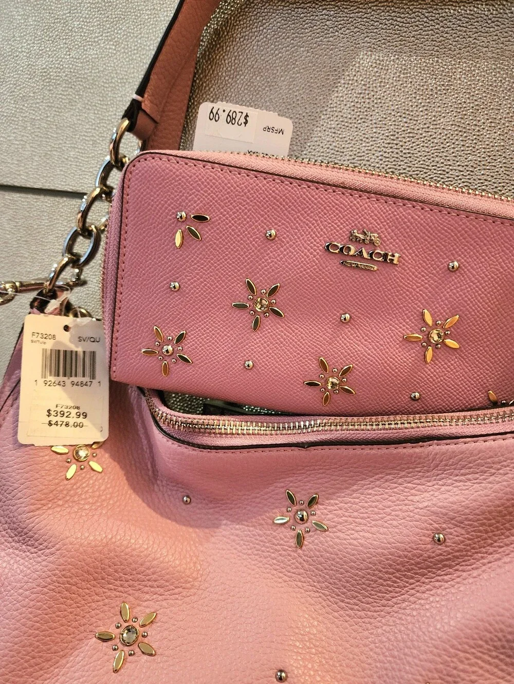 Coach Pink Crystal Rhinestone Shoulder Hobo Purse Floral Elle Wallet New SET